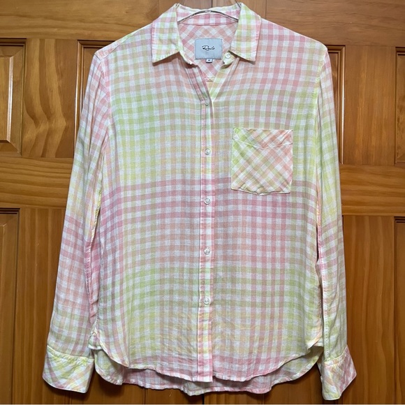 Rails Charli Lemon Raspberry Linen Blend Plaid Blouse Size XS - Picture 1 of 12